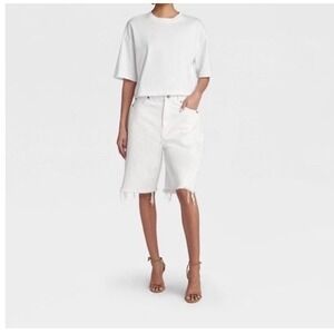 KBB Kahlana Barfield Brown White Wide Leg Denim Shorts Raw Hem Size 14 NEW